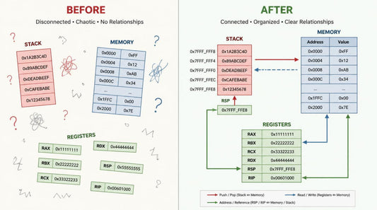 Comparison of a before and after diagram showing improved organization in computer memory and registers.