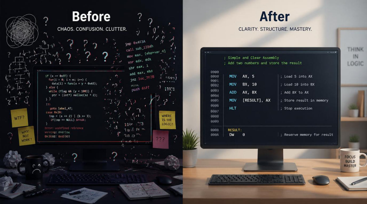 Before and after comparison of a computer screen with code, showing a cluttered state on the left and a organized state on the right.