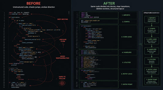 Comparison of unstructured code on the left and structured code on the right with text labels.