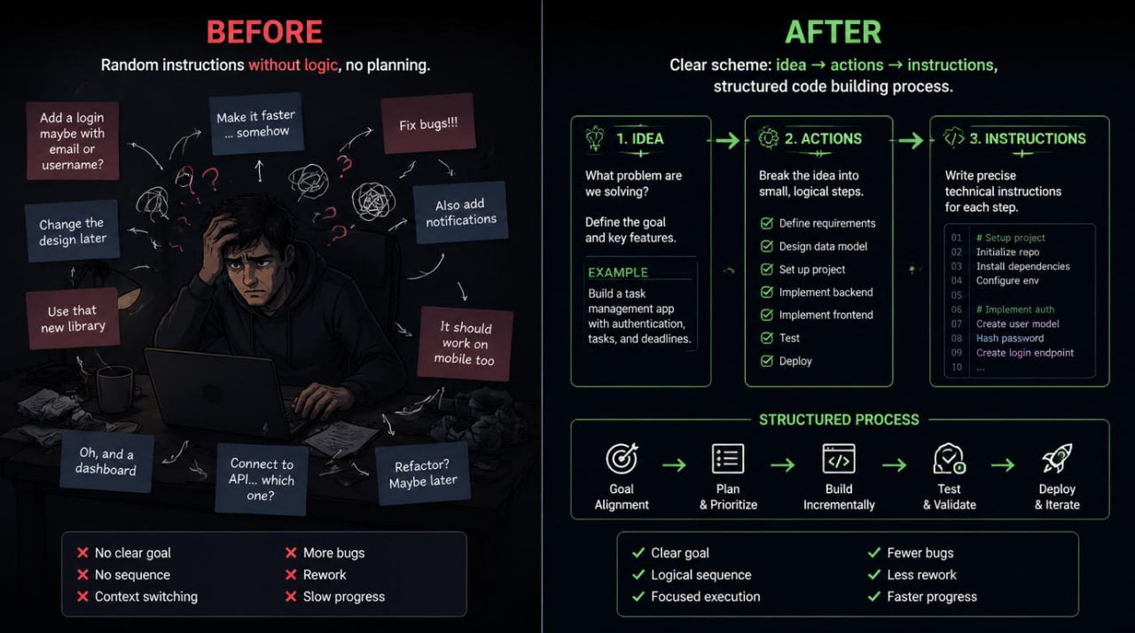 Before and after comparison of a hacker working on code with structured process steps on a dark background.