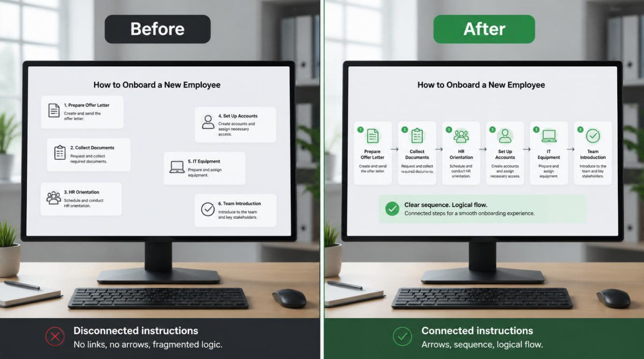 Before and after comparison of a computer screen with educational content on employee onboarding.