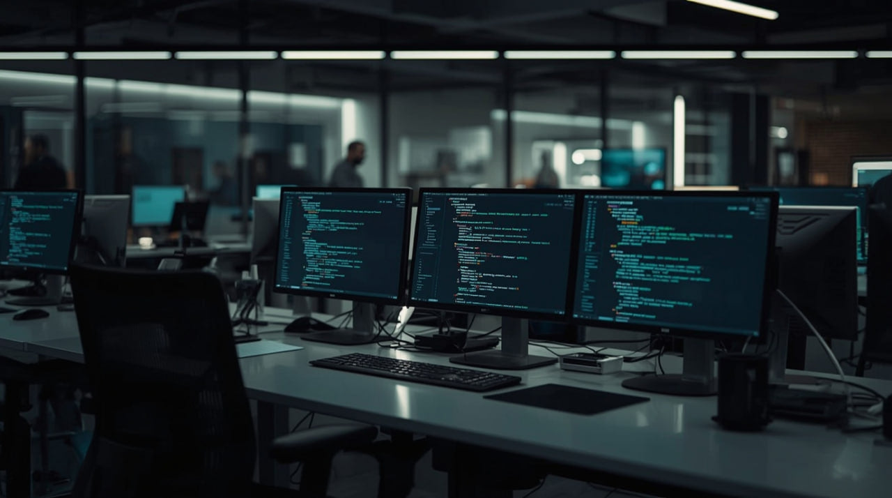 Dark office with multiple computer monitors displaying code, indicating a tech workspace.