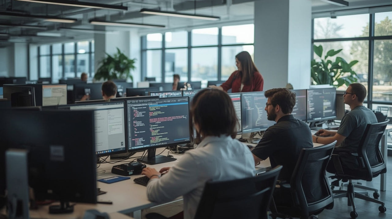 People working at computers in a modern office setting