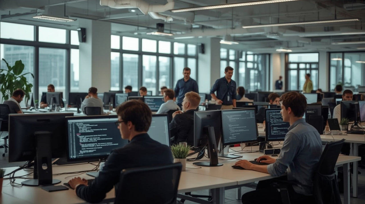 People working at computers in a modern office setting with large windows.
