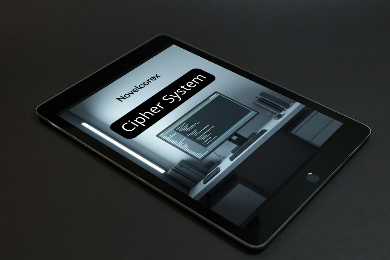 Tablet displaying the Novelcorex Cipher System on a dark background