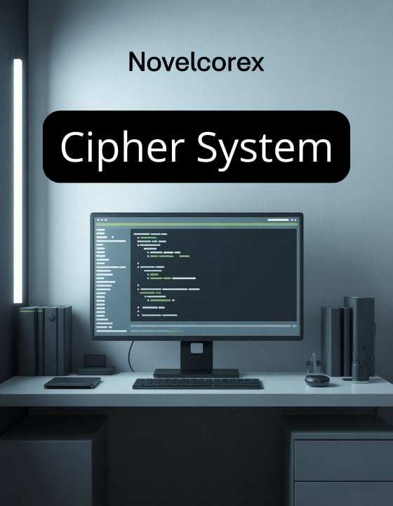 Computer monitor on a desk with 'Novelcorex Cipher System' text above it.