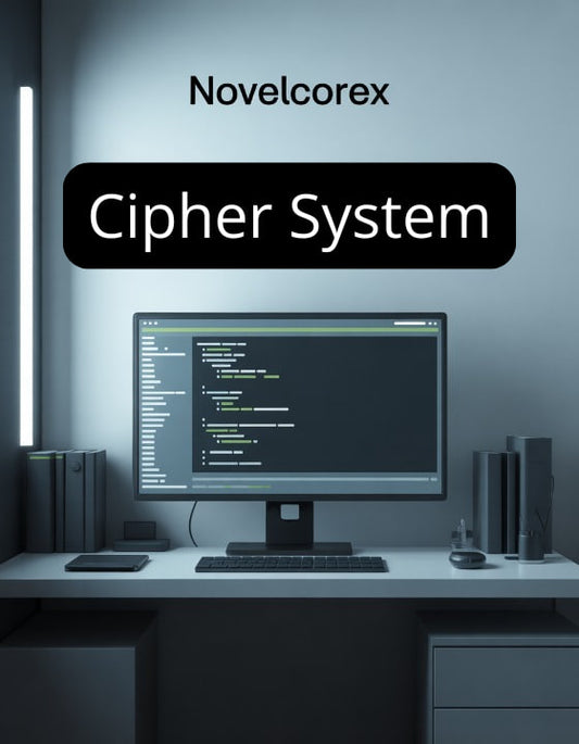 Computer monitor on a desk with 'Novelcorex Cipher System' text above it.