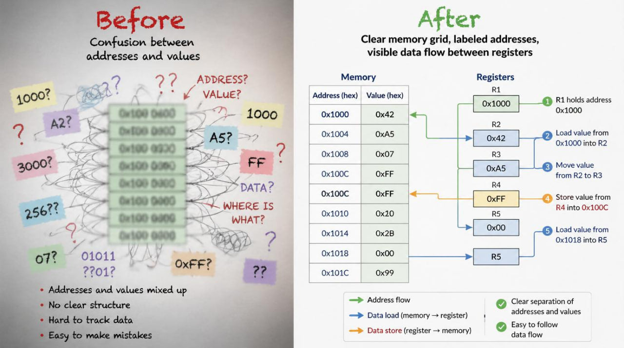 Comparison of a memory grid before and after clarification with labeled addresses and registers.