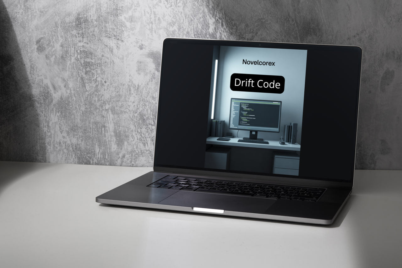 Laptop displaying a software interface on a gray surface with a concrete wall background