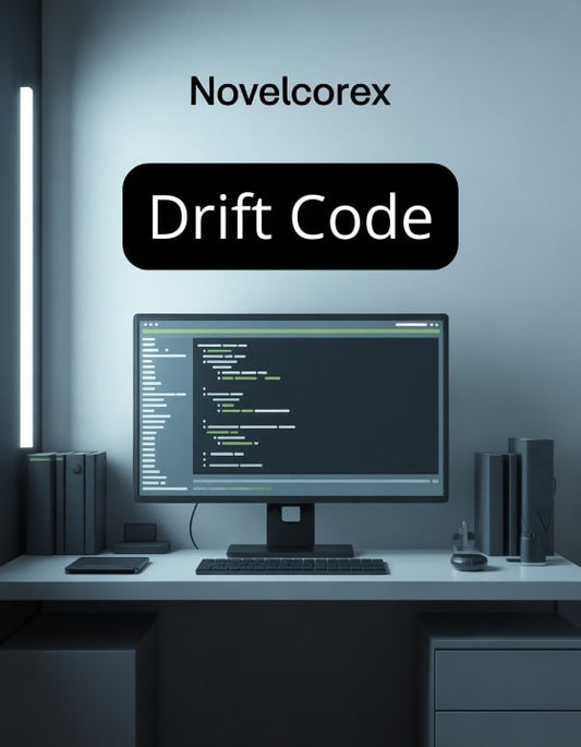 Computer monitor on a desk with 'Novelcorex Drift Code' text above it.