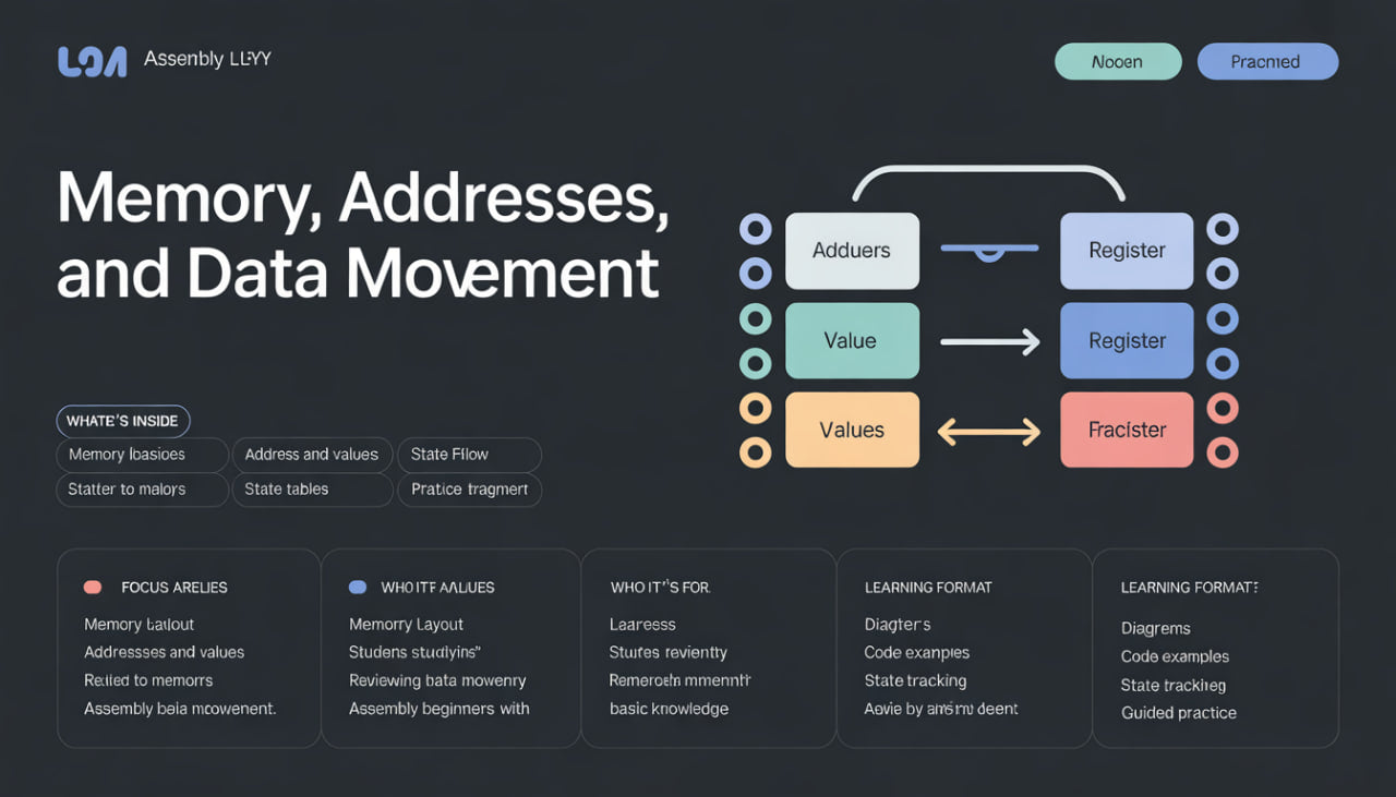 Educational graphic about memory, addresses, and data movement with UMA Assembly LEY branding.