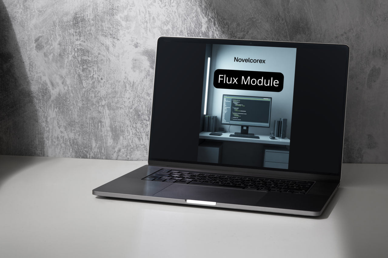 Laptop displaying a screen with 'Novelcore Flux Module' on a gray surface and background.