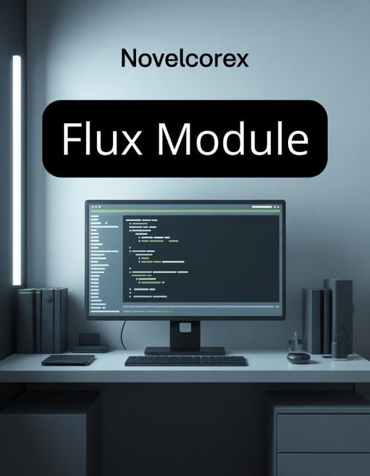 Computer monitor on a desk with 'Novelcorex Flux Module' text above it.