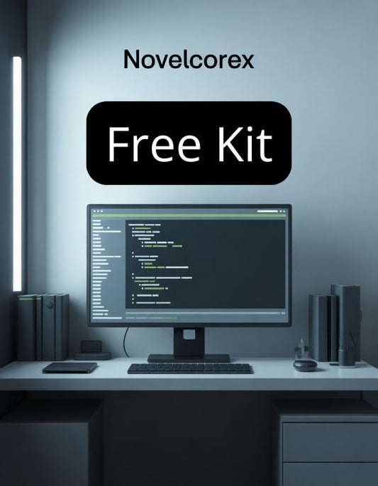 Modern office setup with computer monitor displaying code, branded 'Novelcorex Free Kit'.