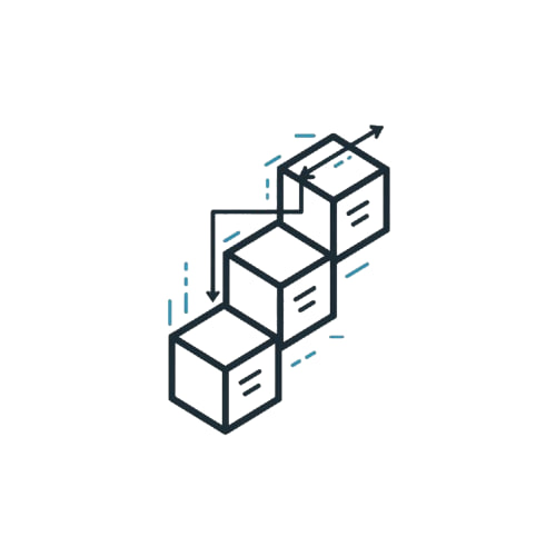 Icon of three stacked boxes with arrows indicating a process or workflow.