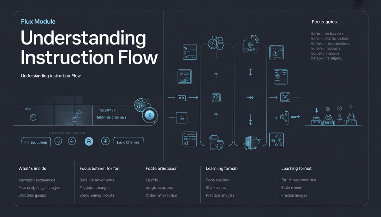 Diagram of instruction flow with text and icons on a dark background