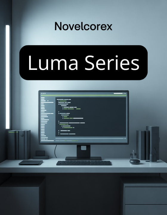 Modern office setup with a computer monitor displaying code, branded 'Novelcorex Luma Series'.