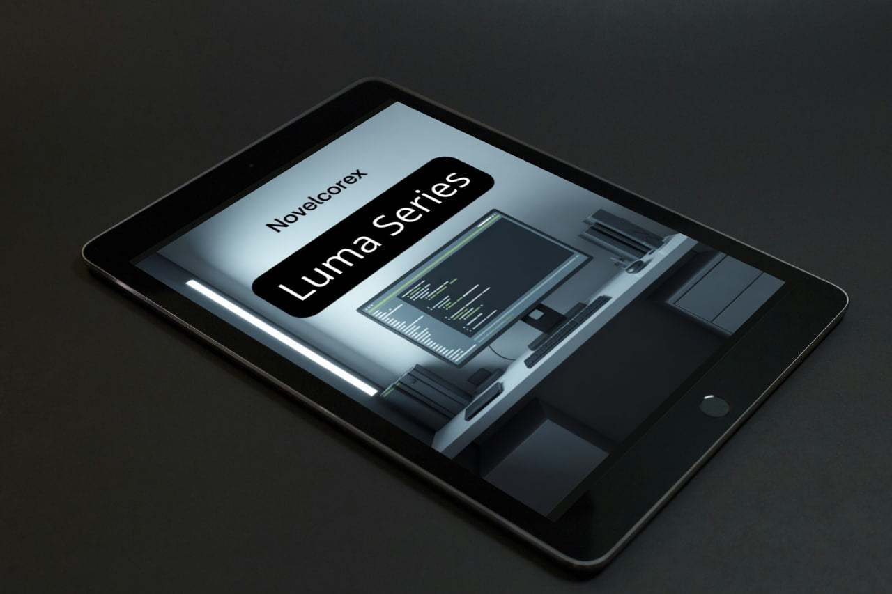 Tablet displaying the Novelcorex Luma Series on a dark background