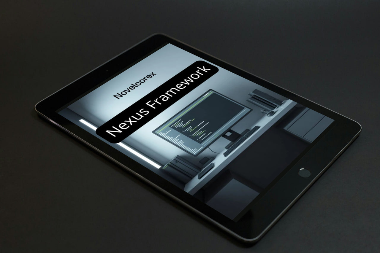 Tablet displaying 'NexuCorex Nexus Framework' on a dark background