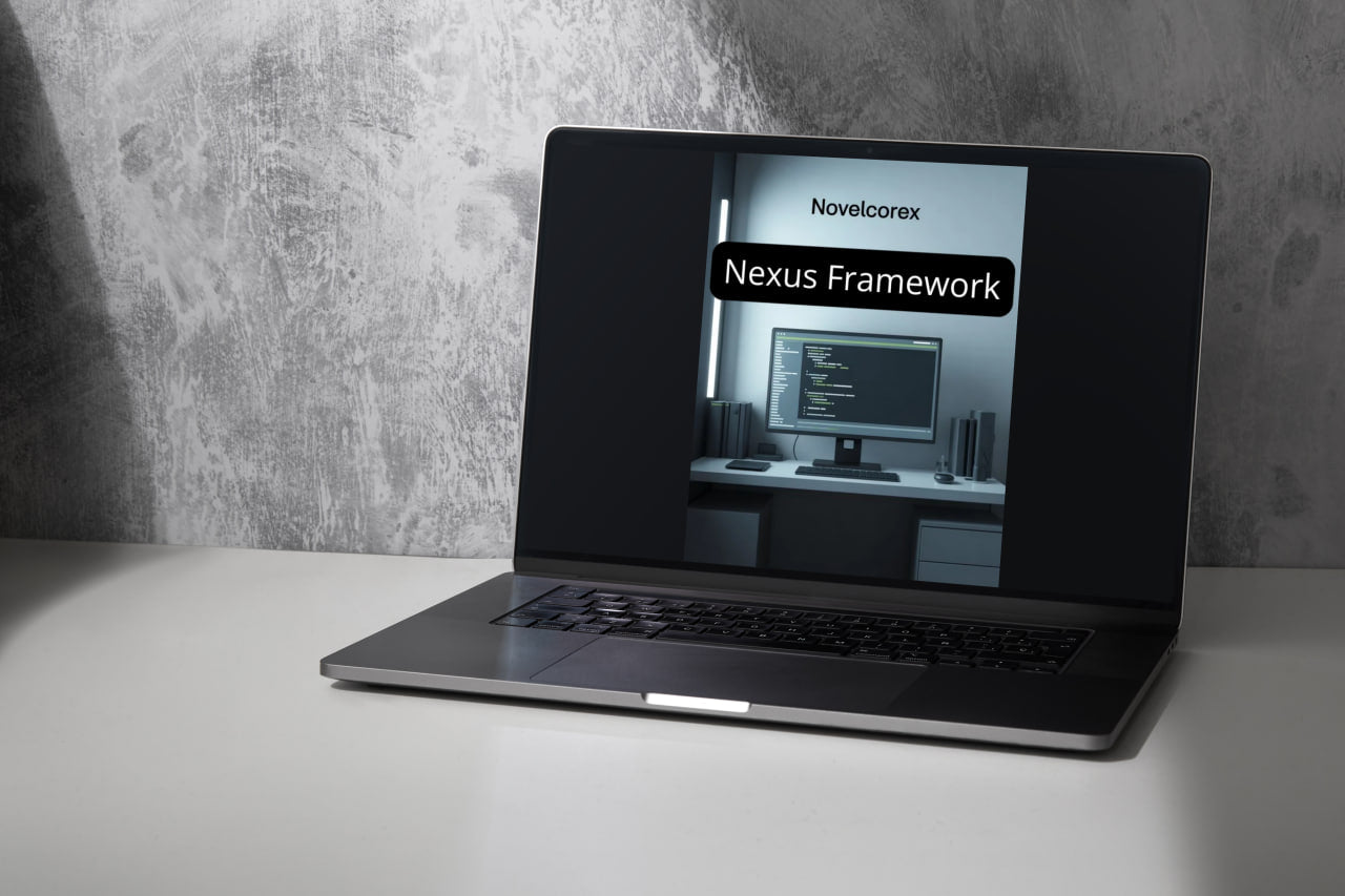 Laptop displaying 'Nexu Framework' on a gray surface with a concrete wall background