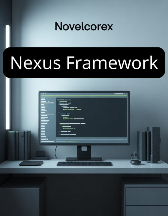 Computer monitor on a desk with 'Novelcorex Nexus Framework' text above it.