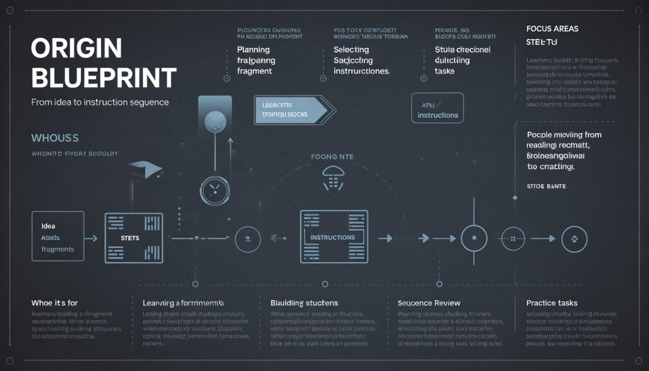 Technical diagram titled 'Origin Blueprint' with various sections and flowcharts on a dark background.