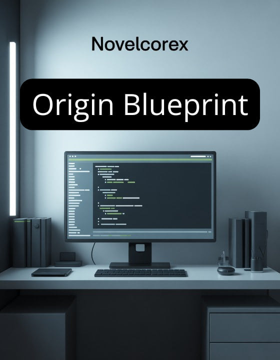 Modern office setup with computer monitor displaying code, featuring Novelcorex Origin Blueprint branding.