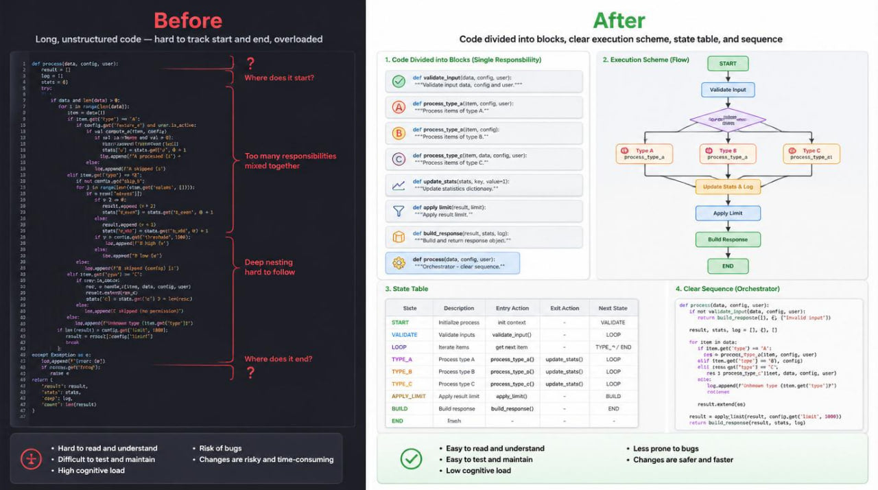Comparison of unstructured code on the left and structured code on the right with flowchart elements.