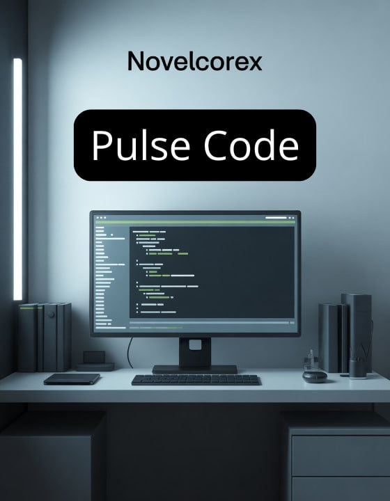 Computer monitor on a desk with 'Novelcorex Pulse Code' text above it.