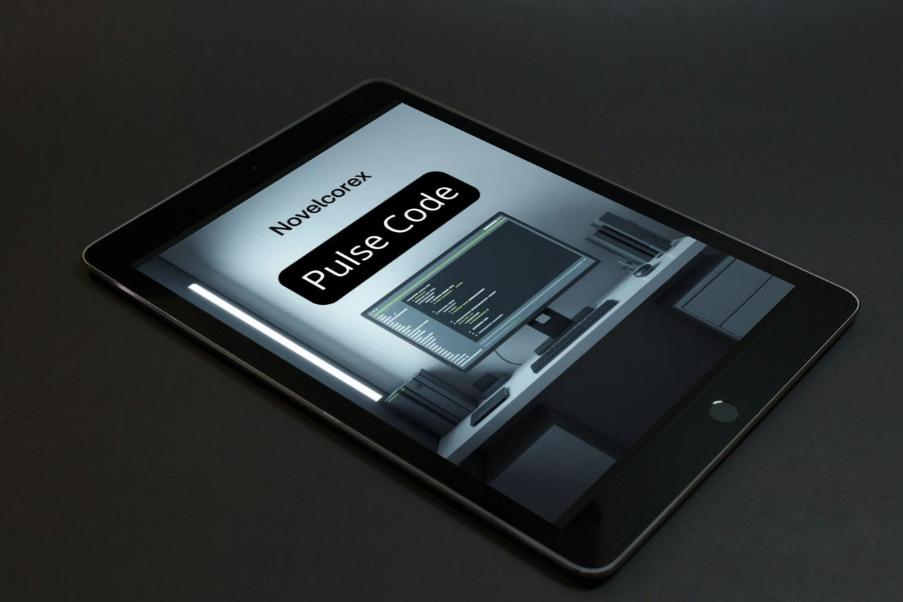 Tablet displaying 'Novelcorex Pulse Code' on a dark background