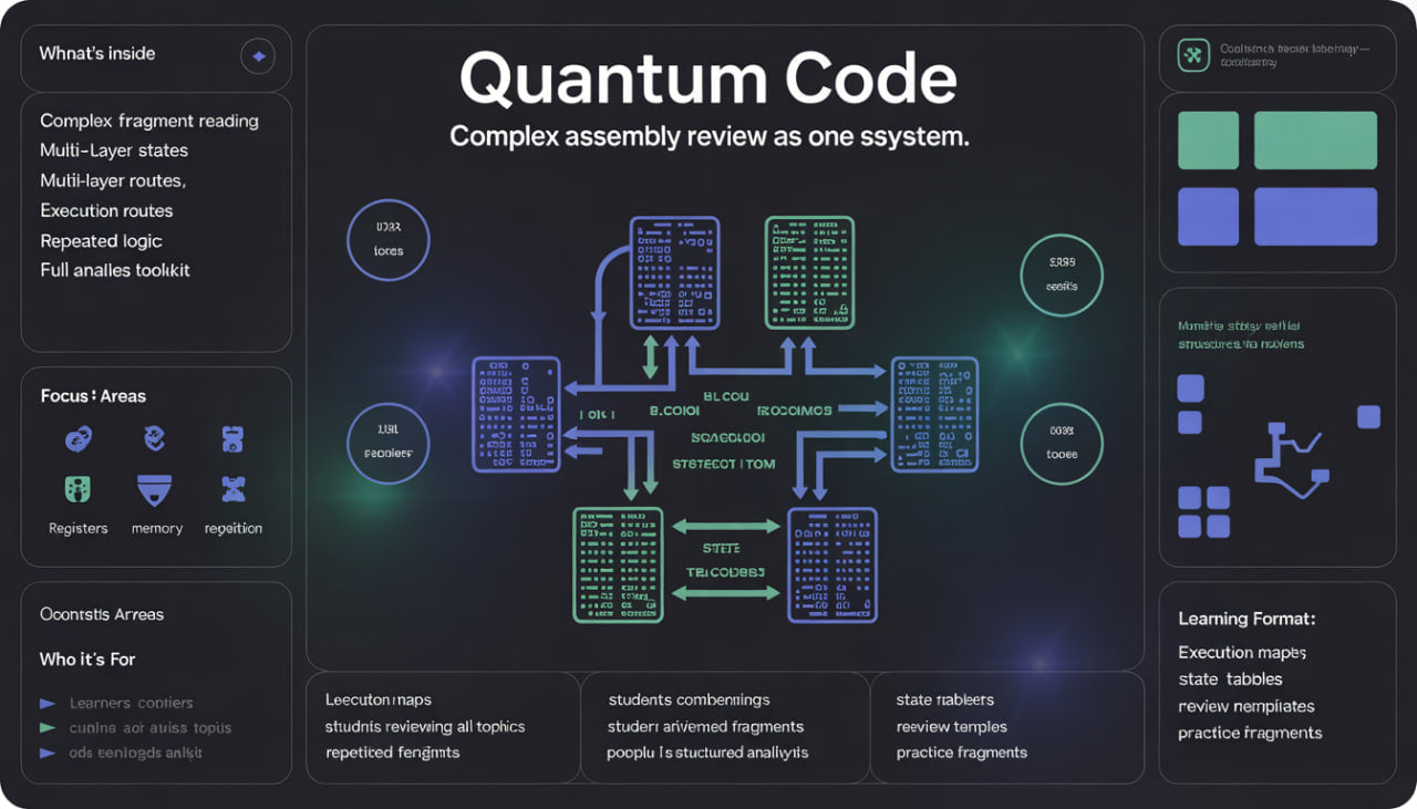 Quantum Code system diagram with various components and text on a dark background