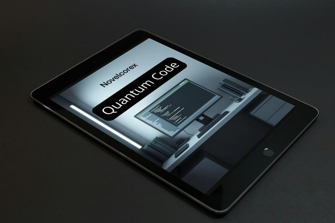 Tablet displaying a screen with 'Novelcorex Quantum Code' on a dark background