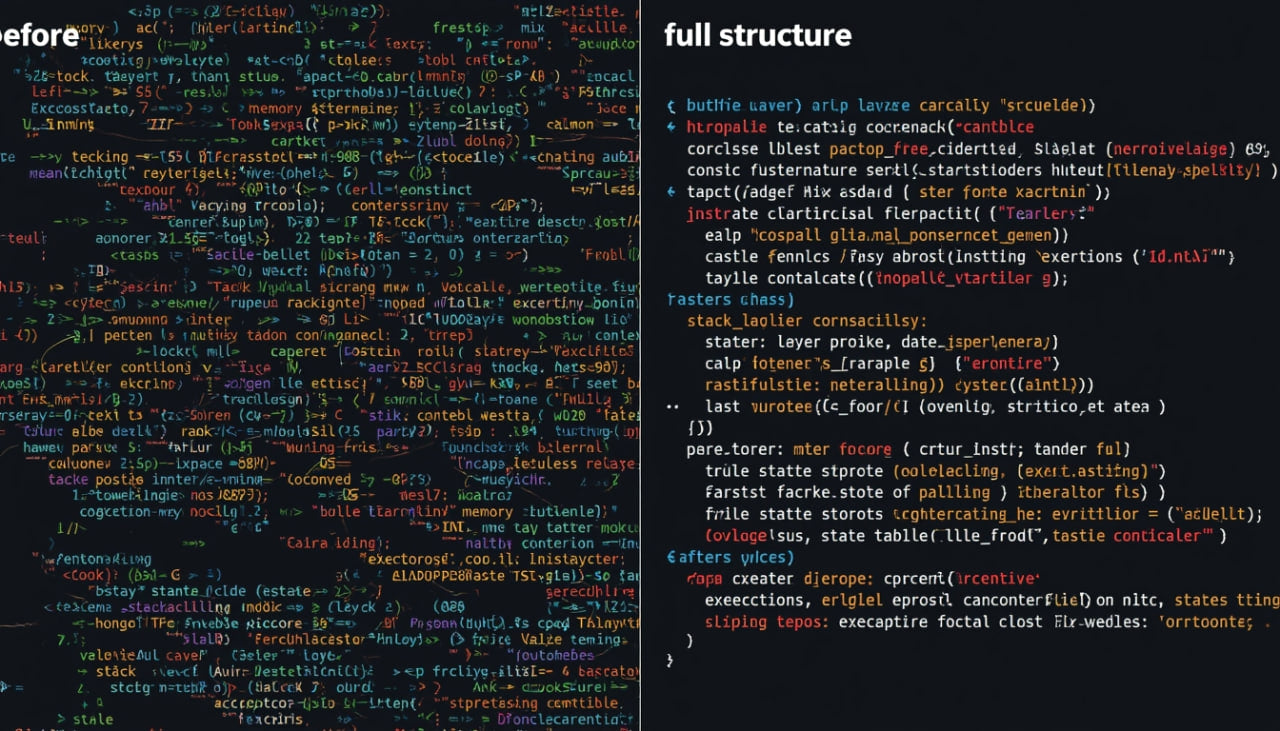 Comparison of code with 'before' and 'full structure' labels on a dark background.