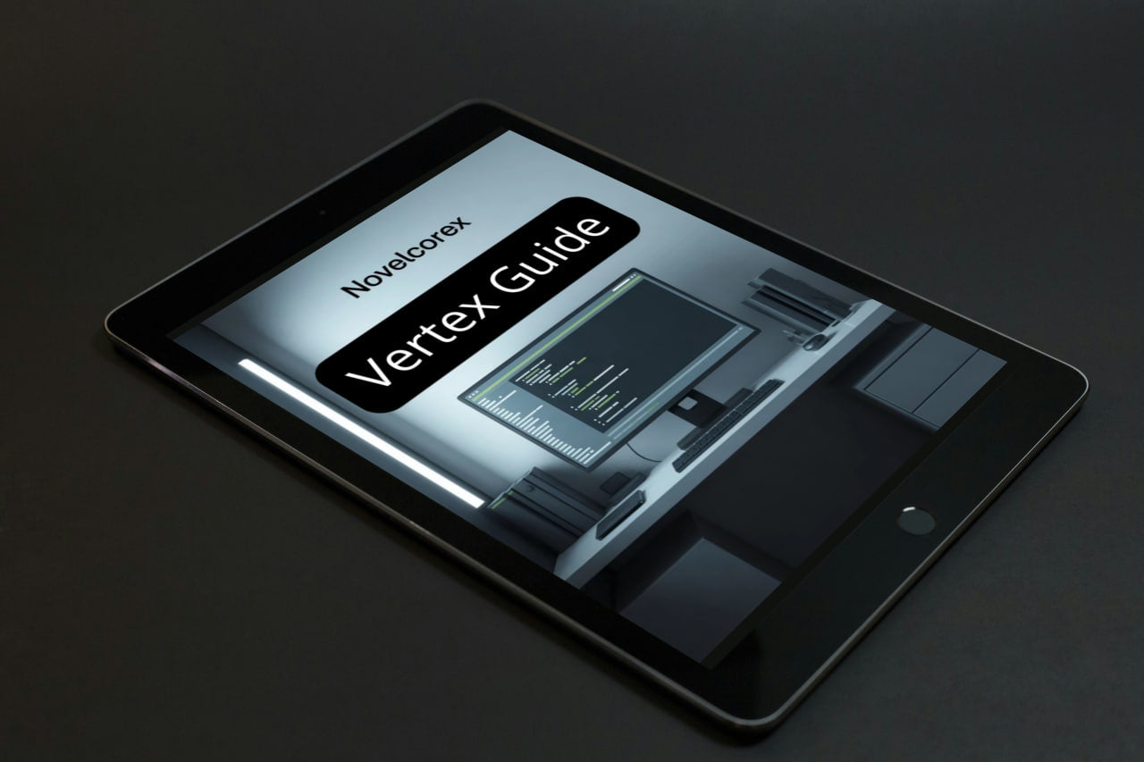 Tablet displaying the Novelcorex Vertex Guide on a dark background