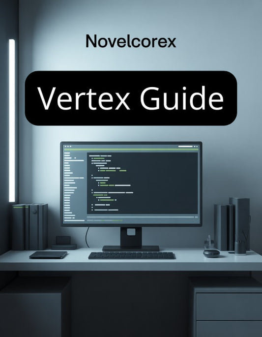 Computer monitor on a desk with 'Novelcorex Vertex Guide' text above it.